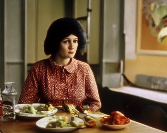 Prompt: 1 9 7 9 a soviet movie still a russian woman sitting at a table with a plate of food in dark warm light, a character portrait by nadya rusheva, featured on cg society, neo - fauvism, movie still, 8 k, fauvism, cinestill, bokeh, gelios lens