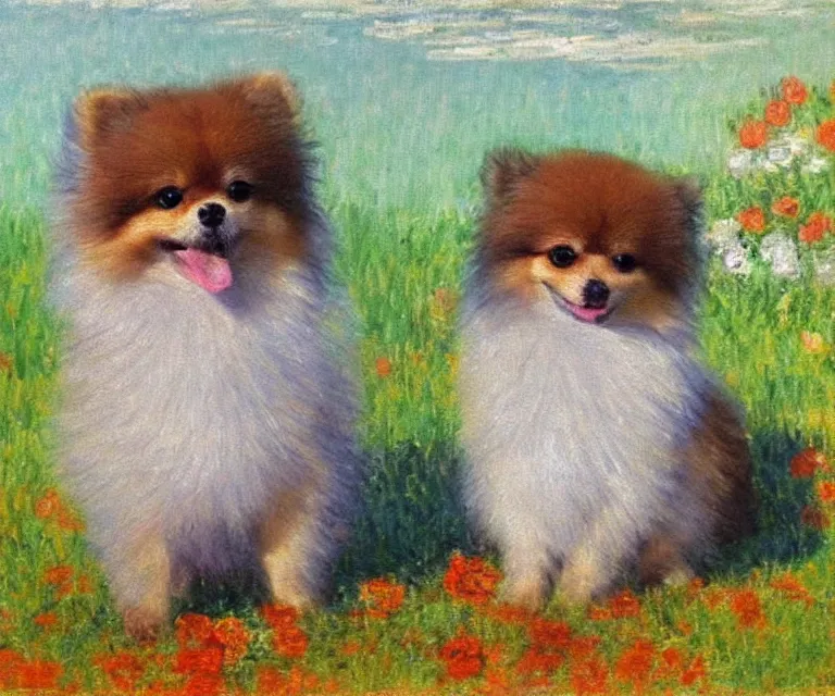 Image similar to pomeranian, cute, monet, oil painting