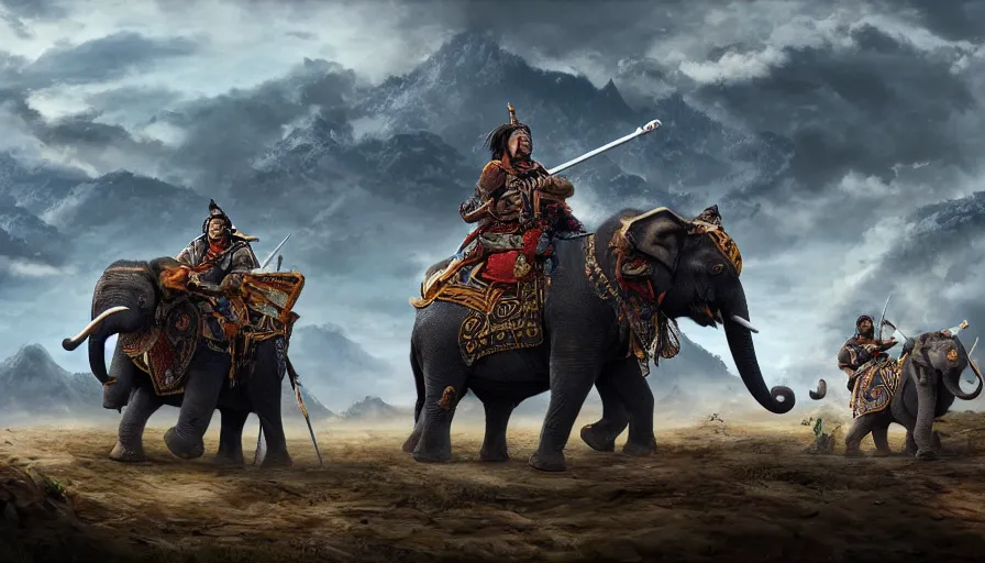 Prompt: matte painting of a beautiful batttlefield of tai ethnic group versus mongol empire, a tai ethnic warlord rides an asian war elephant with emotional movement in the center of the battlefield, digital art trending on artstation,