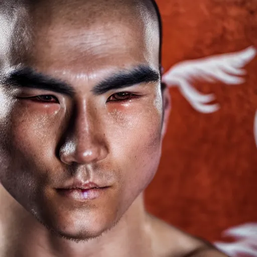 Prompt: a detailed still close - up of a man who is training in a japanese temple using unarmed combat, the man looks like a mix between aang from avatar the last airbender and the male monk from diablo iii, in japanese anime style