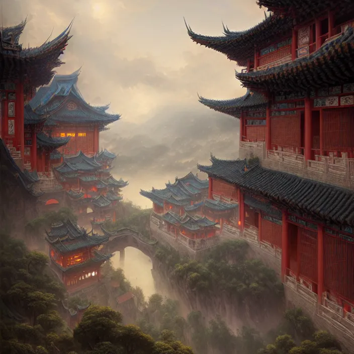 Prompt: matte painting by marc simonetti, jonathan solter, greg rutkowski of a chinese dynasty village, masterpiece, cinematic, hyperdetailed, photorealistic, hyperrealism, architecture, aerial view,