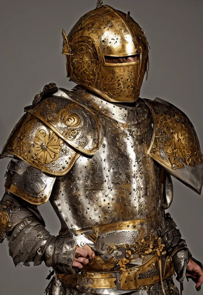 Prompt: portait of a man in decorated medieval baroque style armor and helmet and big golden cross on his chest plate high resolution high detail