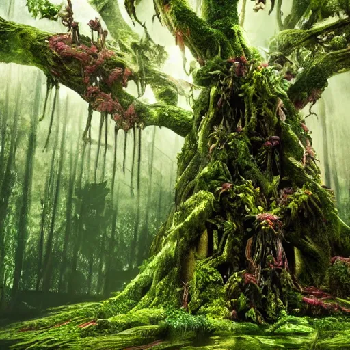 Image similar to horrific, spectacular tree in a densely overgrown mysterious jungle, fantasy, dreamlike sunraise, ultra realistic