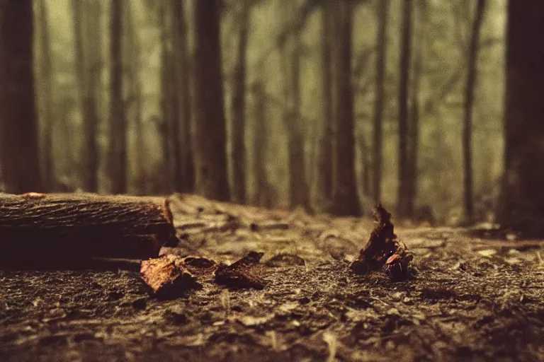 Image similar to terrible dark forest in the depths of which there is a thick butcher in a dirty shirt, chopping meat on a wooden stump, filmed hidden on a phone camera, Cinematic, wildlife photography, 35mm, photo on iphone