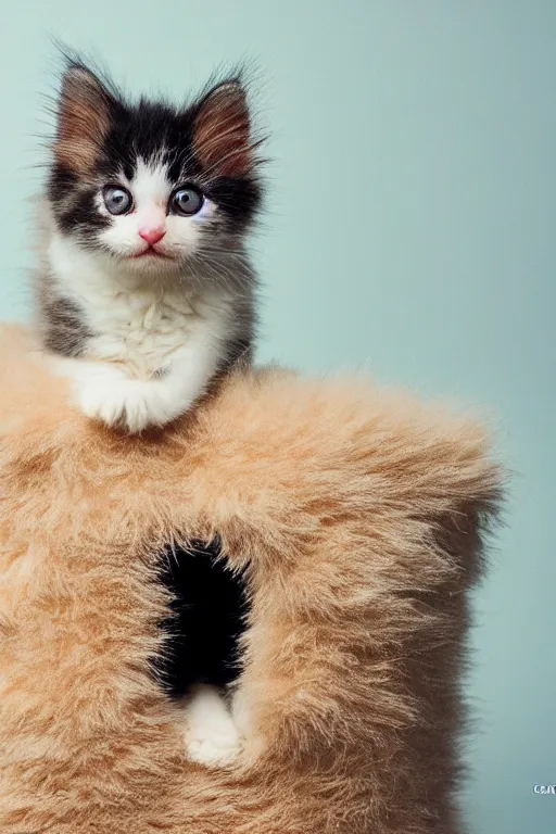 Prompt: “ fluffy kitten lying on cat tree, cotton, dim lighting, extremely high quality, leica m - a, lux 3 5 fle, portra 8 0 0 ”