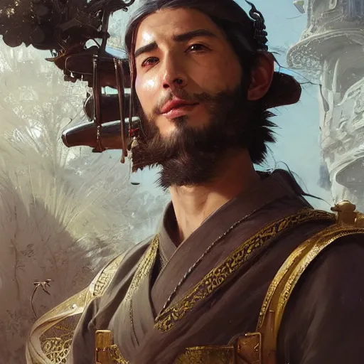 Image similar to Hyper realistic detailed portrait of a Kurdish samurai, Stephen Bliss, unreal engine, fantasy art by Greg Rutkowski, Loish, Rhads, ferdinand knab, Makoto Shinkai and Lois van baarle, ilya kuvshinov, rossdraws, Tom Bagshaw, alphonse mucha, global illumination, radiant light, detailed and intricate environment, highly detailed, award winning art