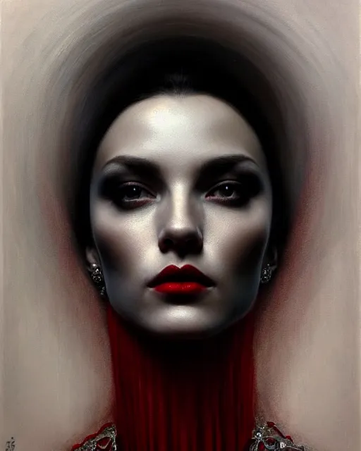 Prompt: portrait of a beautiful queen, enigmatic beauty, dominant shades of black, silver, dark red, white, head in focus, esoteric ornamental aesthetics, intricate, elegant, highly detailed, hyperrealistiic painting, artstation, concept art, painterly, sharp focus, illustration, art by karol bak