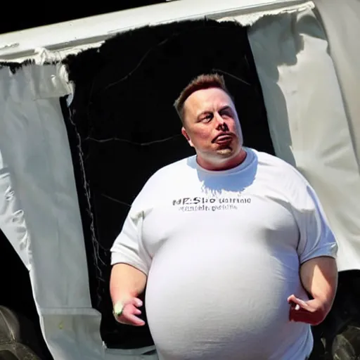 Image similar to morbidly obese elon musk with torn clothes