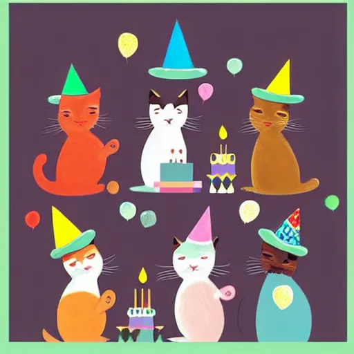 Prompt: five cats celebrating a woman's birthday, wearing birthday hats, digital art, very beautiful, 8 k, trending on artstation, award winning