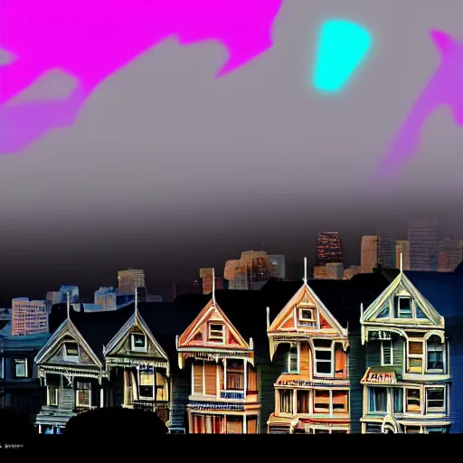 Image similar to a photograph of the painted ladies in san francisco runes mythology foggy high contrast neon artstation cyberpunk dreamscape high definition