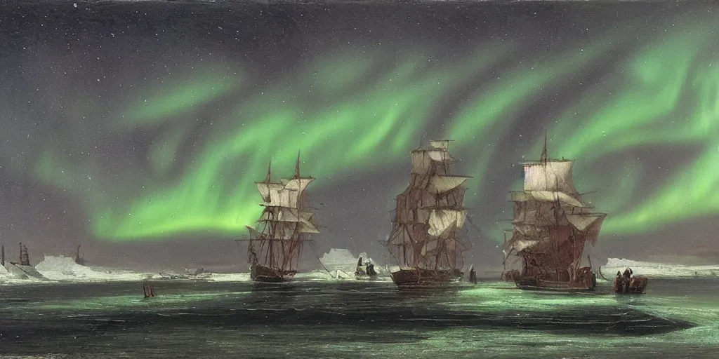 Prompt: “ an 1 8 0 0 s sail ship sailing in arctic waters, ice floating in water, nighttime, aurora borealis, oil painting ”