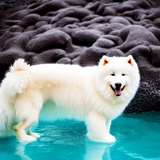 Prompt: beautiful photograph of samoyed dog taking a bath in a pool full of lava, professional photography, sigma 5 6 mm f 8