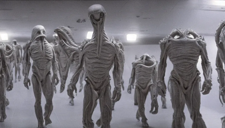 Image similar to movie still, cinestill 8 0 0 t, senate of alien delegates from different species, cinematic, ultra realistic, photo quality, detailed, well lit