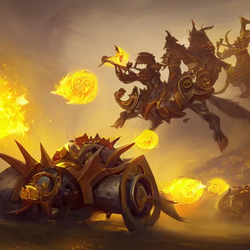 Image similar to a golden battle chariots, yellow magic theme, bright art masterpiece artstation. 8 k, sharp high quality artwork in style of jose daniel cabrera pena and greg rutkowski, concept art by tooth wu, blizzard warcraft artwork, hearthstone card game artwork, cart wheels