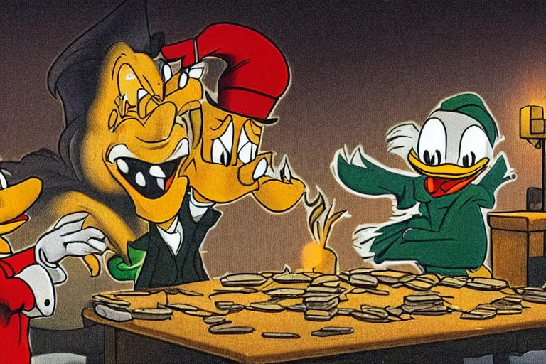 Image similar to Scrooge McDuck reacting to the Bitcoin crash, 8k, real photo, night scene, terrible