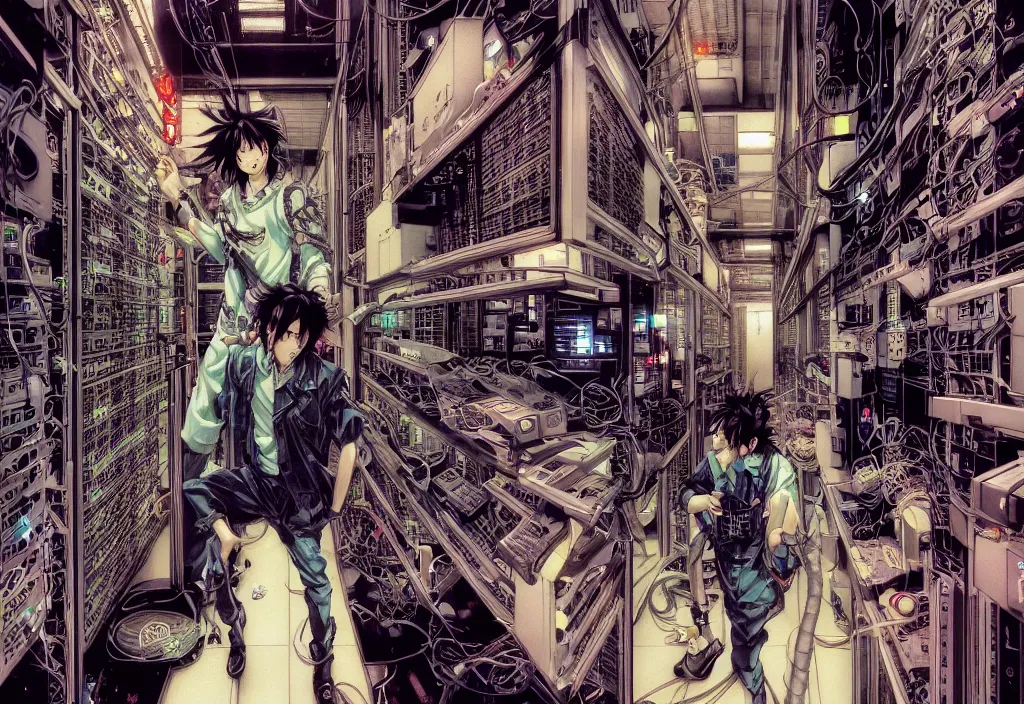 Prompt: shot of film by cyberpunk syle cyborg walking in server room in datacenter by yoichi hatakenaka, by masamune shirow, by josan gonzales and dan mumford, by ayami kojima, by takato yamamoto, by barclay shaw, by karol bak, by yukito kishiro