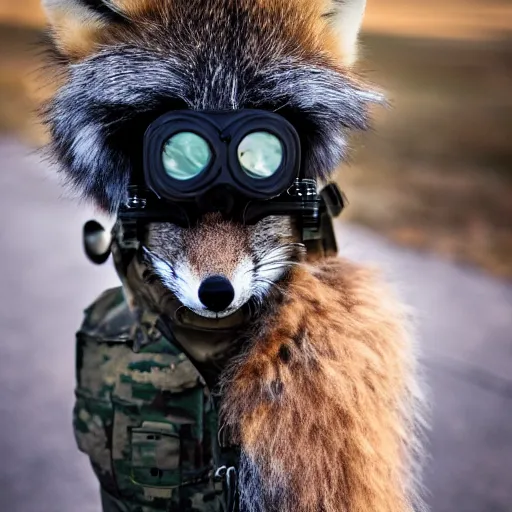 Image similar to a fluffy Fox dressed in a modern American military soldier uniform with night vision goggles, 85mm f/1.4