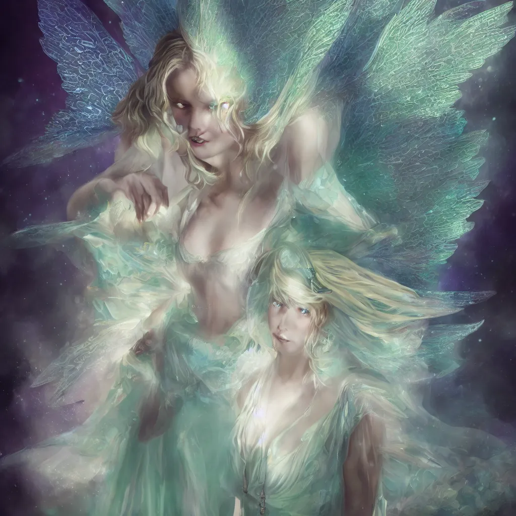 Prompt: fairy queen with wings wearing a magic silk and lace robe with a hood, realism, emerald, galaxy, sapphire, blonde hair going down to the floor, moonlit, dark fantasy, pale blue, dramatic lighting, cgsociety, artstation