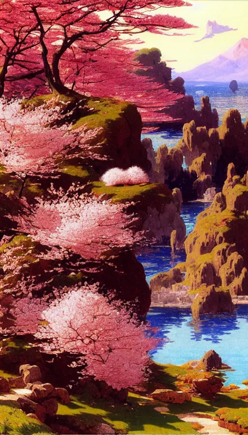 Image similar to ghibli illustrated background of a strikingly beautiful landform with strange rock formations and red water and cherry blossoms by vasily polenov, eugene von guerard, ivan shishkin, albert edelfelt, john singer sargent, albert bierstadt 4 k