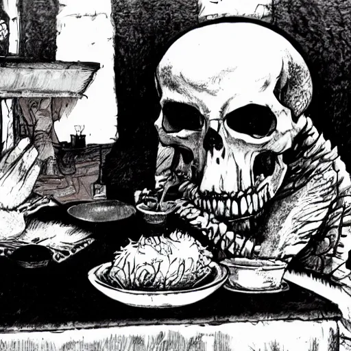 Prompt: terry pratchett and death sharing a curry