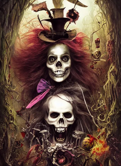 Image similar to Alice in Wonderland Mad Hatter Death Tarot card,highly detailed,half skull face,cinematic,8k,by Stanley Artgermm,Tom Bagshaw,Greg Rutkowski,Carne Griffiths, Ayami Kojima, Beksinski, Giger,trending on DeviantArt,hyper detailed,horror, full of colour