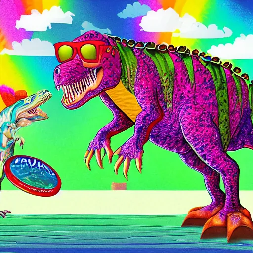 Prompt: a tyrannosaurus in backwards cap and sunglasses catches a frisbee, art by lisa frank