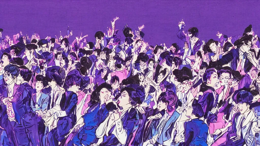 Prompt: detailed illustration of the front row of a concert seen from the front composed of fashionably dressed people dancing, dark blue and intense purple color palette, in the style of kojima ayami, amano yoshitaka