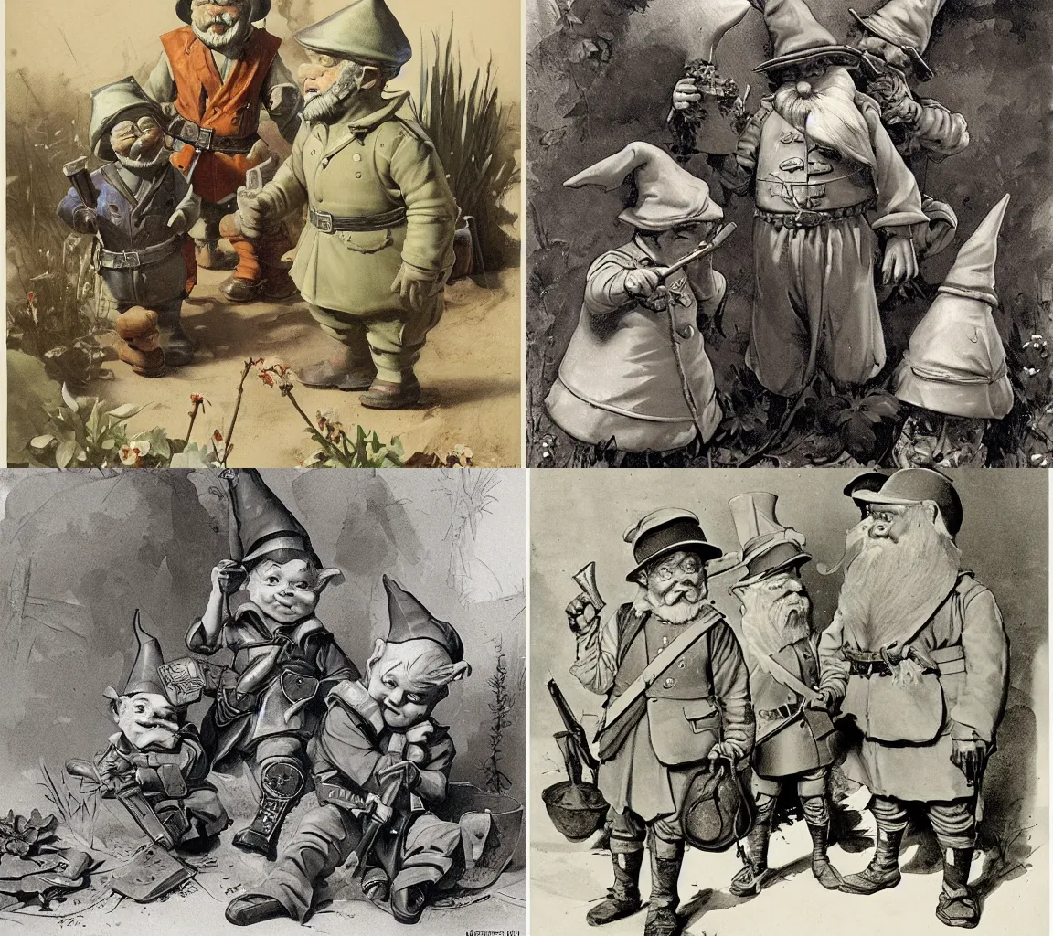 Prompt: Garden gnomes preparing for war, by Frank Leyendecker, by Jospeh Kernan, by Frederick Sands Brunner.