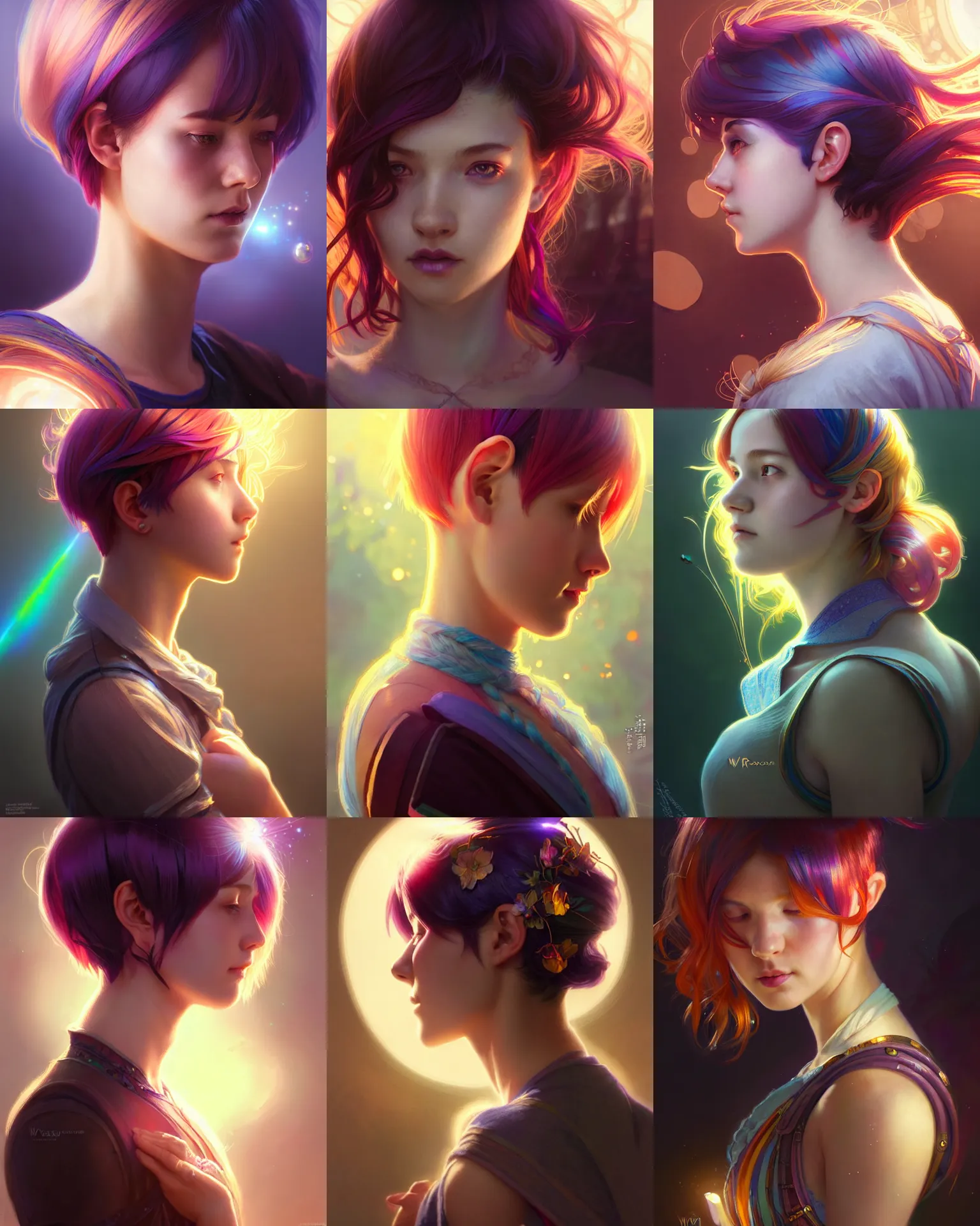Prompt: side portrait of a university young female, magic school, multi colored hair, short hair style, intricate, sharp focus, lens flare, bloom, rim light, illustration, highly detailed, digital painting, concept art, matte, art by wlop and ross tran and artgerm and greg rutkowski and alphonse mucha, masterpiece