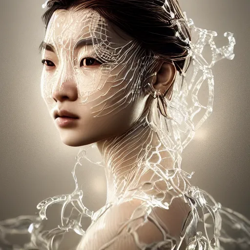 Prompt: intricate highly detailed face portrait of asian - european woman, light transparent water vines on her face, intricate, cgsociety, unreal engine, octane render, sharp focus, smooth, volumetric lighting, cinematic composition, artstation c 1 0. 0