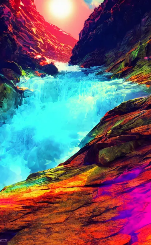 Image similar to looking up to a large rock mountain with a water fall flowing down from the top, the sun is behind it, neon colors, # 8 k, concept art, ultra detailed, photo, award winning