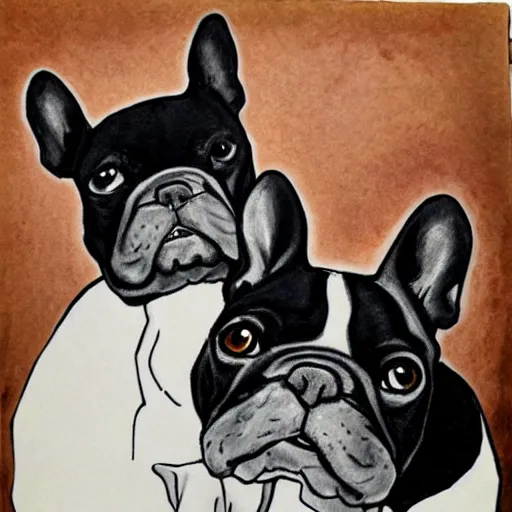 Image similar to two lovers and a black french bulldog, kid's drawing