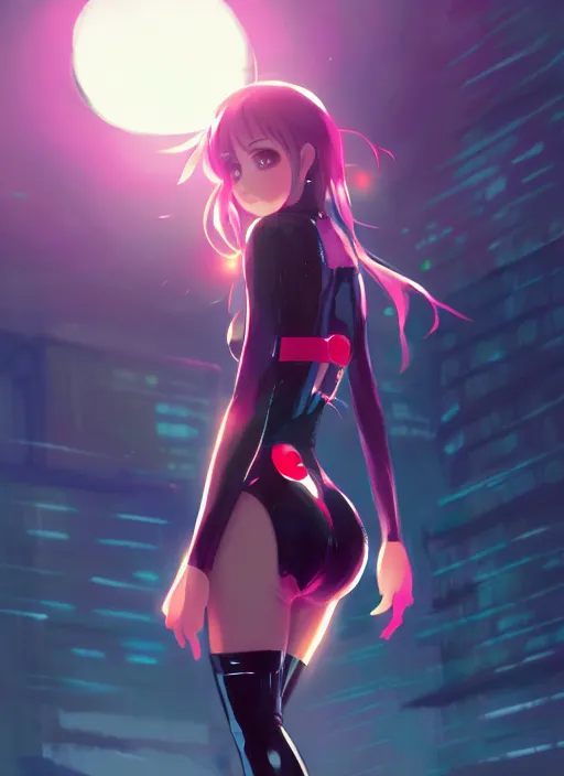 Image similar to portrait of cute girl in latex clothes, night city background illustration concept art anime key visual trending pixiv fanbox by wlop and greg rutkowski and makoto shinkai and studio ghibli and kyoto animation