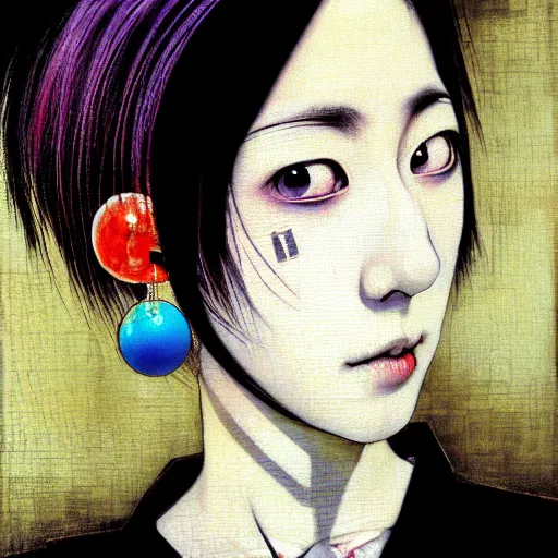 Image similar to yoshitaka amano blurred and dreamy realistic three quarter angle horror portrait of a sinister young woman with short hair, big earrings and white eyes wearing office suit with tie, junji ito abstract patterns in the background, satoshi kon anime, noisy film grain effect, highly detailed, renaissance oil painting, weird portrait angle, blurred lost edges