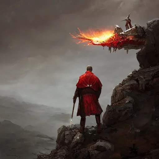 Image similar to stannis baratheon with a flaming sword in his hand standing on the edge of a cliff, artstation, jakub rozalski, mysterious, high detail