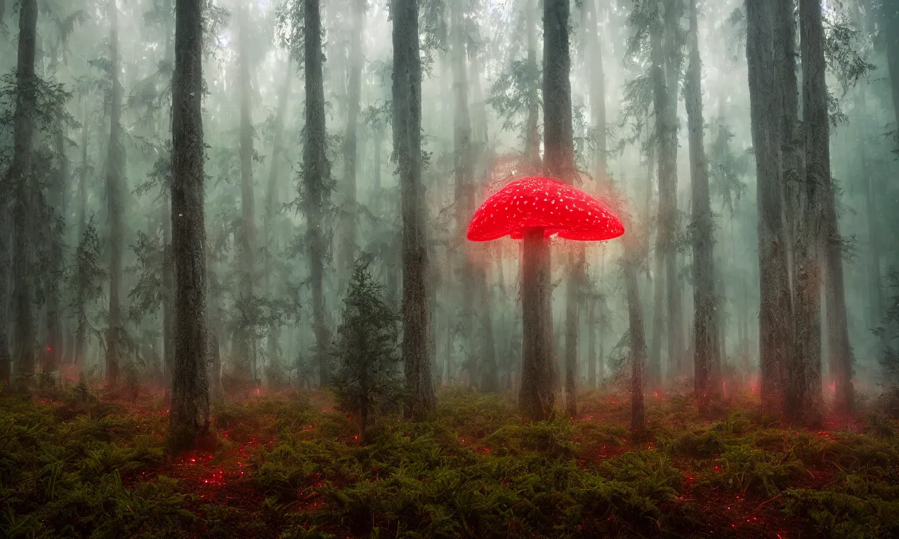 Prompt: misty pine forest floor, mystical, amanita muscaria mushrooms dripping with mist, firefly's swarming, sun shining through the tree canopy, dreamy colors, photorealistic, landscape photography, beautiful, 4 k, trending on artstation, serene, bliss, closeup, macroscopic