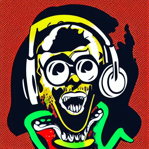 Image similar to svg vector sticker of absolutely insane-mad-scientist-villain, rocking out, wearing headphones, huge speakers, dancing, rave, DJ, spinning records, digital art, amazing composition, rule-of-thirds, award-winning, trending on artstation, featured on deviantart