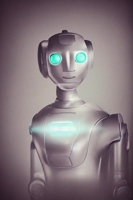 Prompt: portrait of a robot, colour photo, diffused lighting, front on