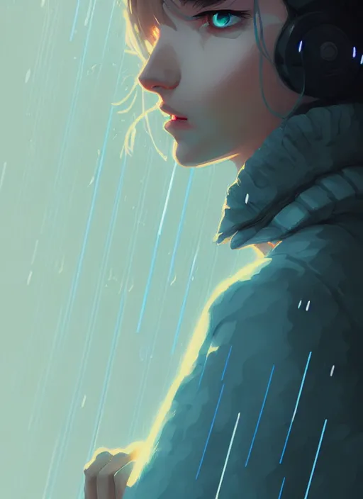 Image similar to highly detailed portrait of cyber girl, raining, by atey ghailan, by greg rutkowski, by greg tocchini, by james gilleard, by joe fenton, by kaethe butcher, gradient light blue, brown, blonde cream and white color scheme, grunge aesthetic