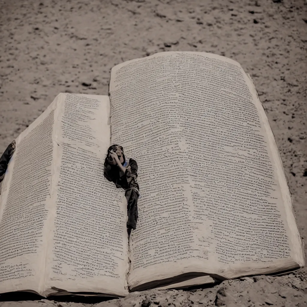 Prompt: a levitated huge book with torn pages that fly in the desert of f al - ula, leica, 5 0 mm, f 1. 4