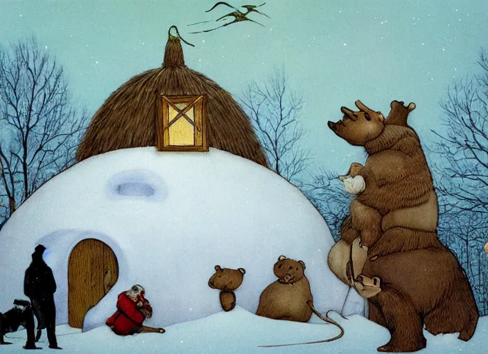 Image similar to an igloo with a chimney, walrus, polar bear, sleigh dogs, fish, giraffe, lowbrow in the style of mark ryden and john bauer,