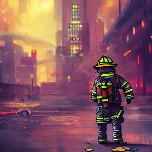 Image similar to cyberpunk spongebob as a firefighter in the city, cinematic, high definition, digital art,