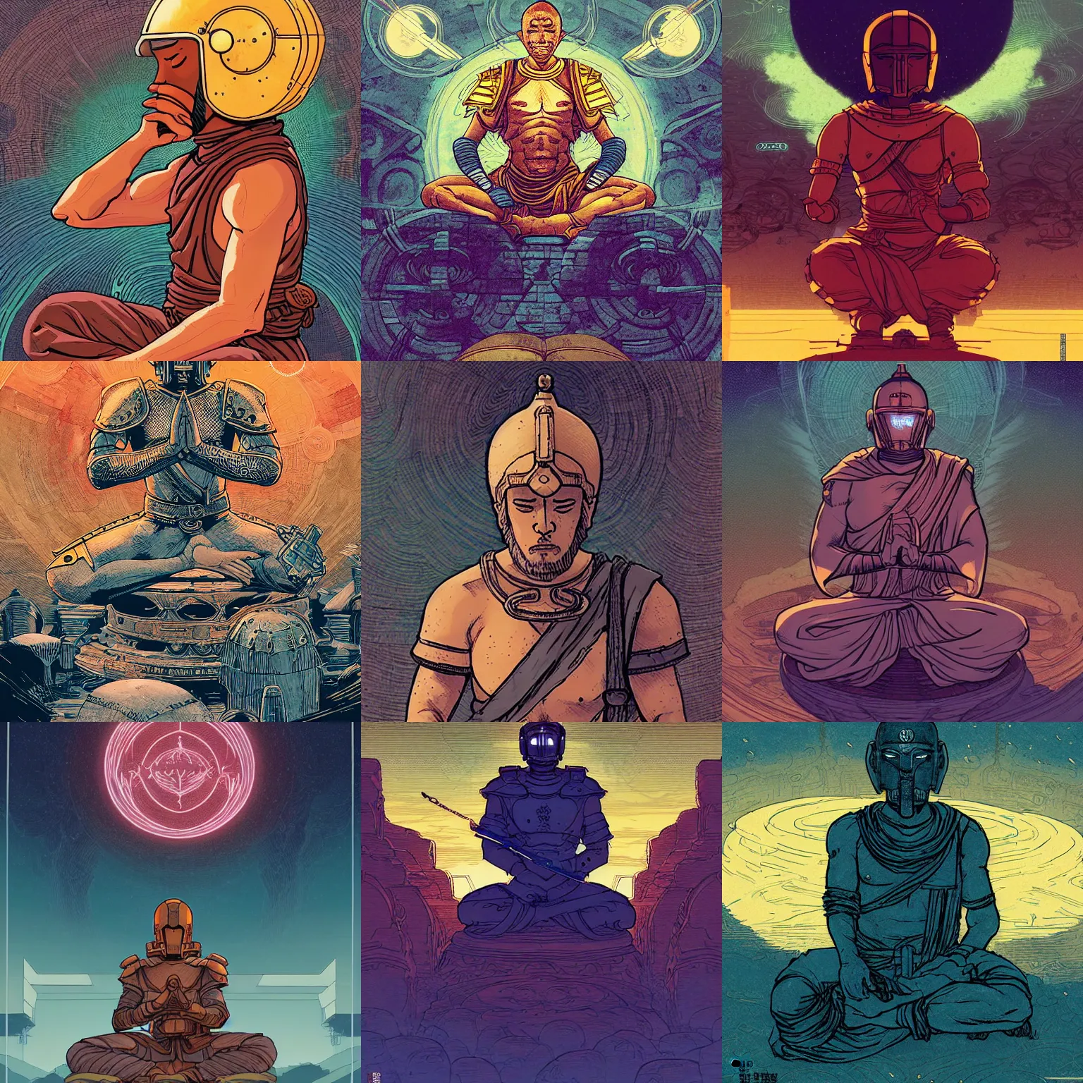 Prompt: monk with a spartan helmet meditating, by borderlands and by feng zhu and loish and laurie greasley, victo ngai, andreas rocha, john harris