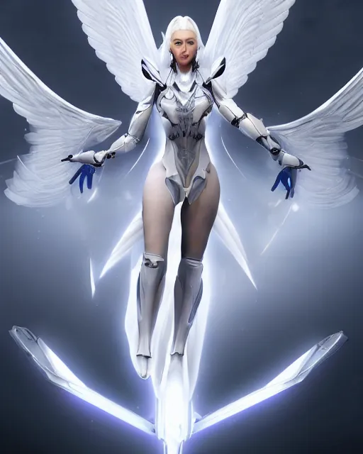 Image similar to perfect white haired attractive egyptian goddess with huge white dove wings, warframe armor, beautiful, symmetric, charlize theron, half asian, pretty face, blue eyes, cyborg, scifi platform, laboratory, experiment, 4 k, ultra realistic, epic lighting, android body, illuminated, cinematic, masterpiece, art by akihito tsukushi, voidstar