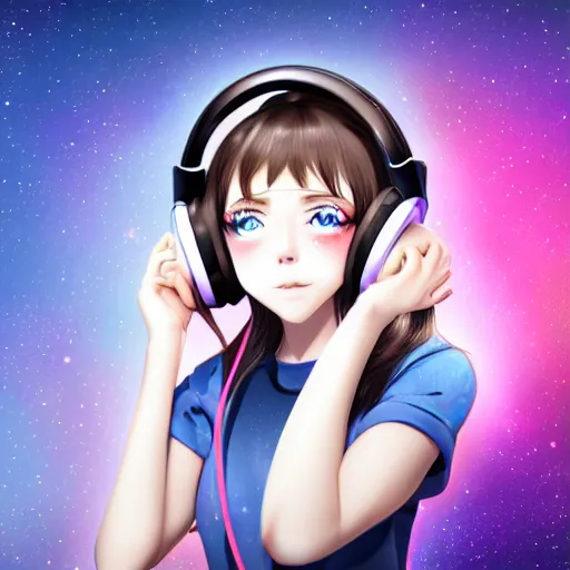 Image similar to girl with black hair and blue eyes wearing headphones, galaxy background, anime, digital art, ultra detailed, 4K