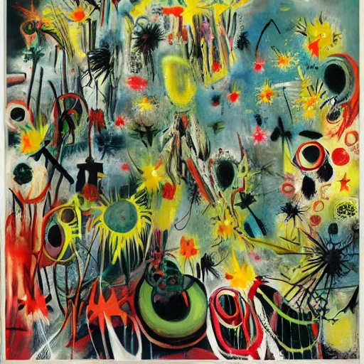 Prompt: by roberto matta, by david aja. this street art is a large canvas, covered in a wash of color. in the center is a cluster of flowers, their petals curling & twisting in on themselves. the effect is ethereal & dreamlike, & the overall effect is one of serenity & peace.