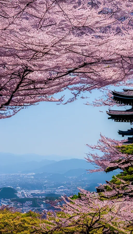 Image similar to a shinto shrine path atop a mountain,spring,cherry trees,beautiful,nature,distant shot,random angle