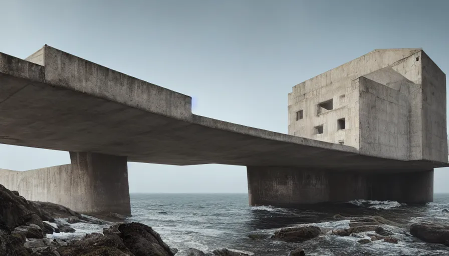 Prompt: coastal perched on a cliff overlooking a magnificient bay, bond villain base, brutalist imperial military base, drawing architecture, imperial architecture in rogue one, pritzker architecture prize, brutalism architecture, jan urschel, greig fraser