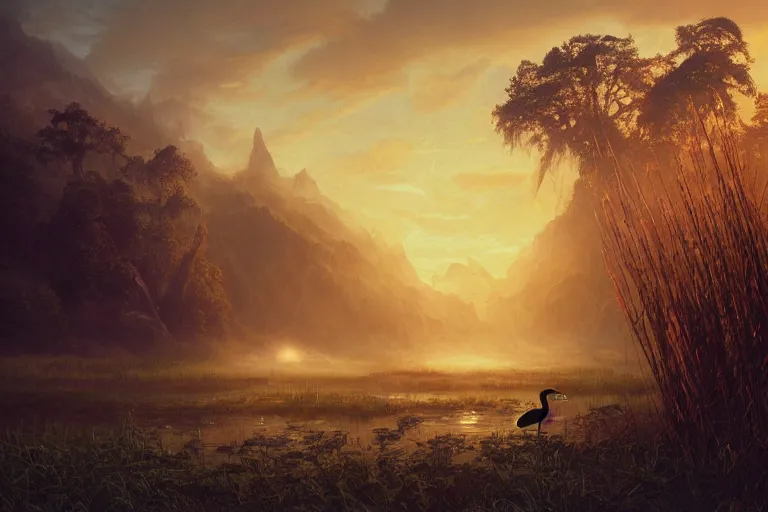 Image similar to fantasy painting, dungeons and dragons, a faerie village, swamp reeds wetland marsh sunset estuary, with ominous shadows, an egret by jessica rossier and brian froud cinematic painting