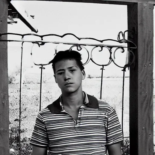 Image similar to Young man standing looking to the right in a red bandana, blue striped shirt, gray vest and a gun with a partly cloudy sky in the background. The young man is standing in front of an iron fence. Photograph. Real life